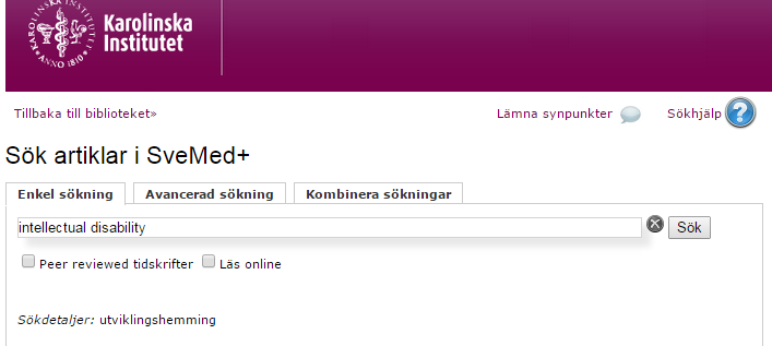 Da fikk jeg vite MeSH for utviklingshemming. Da søker jeg på det - altså et nytt søk på: intellectual disability Nb!