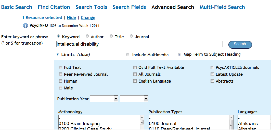 Søk på intellectual disability og hak av for Map Term to Subject Heading, da kommer