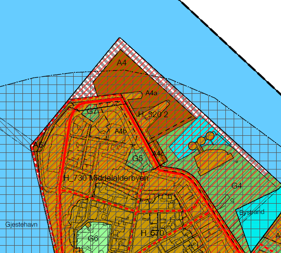 49 Figur 33: Utsnitt plankart For å sikre et sammenhengende offentlig byrom (G4) i tilknytning til oljemuseet viser plankartet sammenhengende grønnstruktur fra Jorenholmen til Oljemuseet.