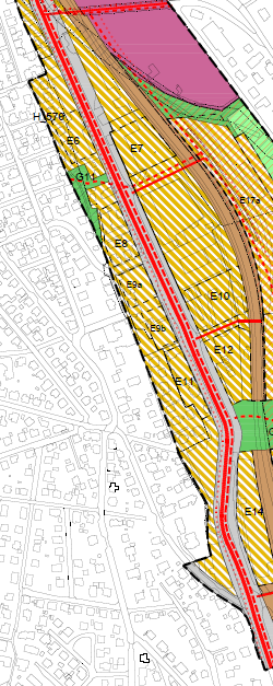 69 På vestsiden av Lågårdsveien mot Våland gir planen avklaringer for byomforming gjennom bestemmelsesområder (E6, E8, E9 og E11) for flere kvartaler fra politistasjonen til sør for Skattens hus.