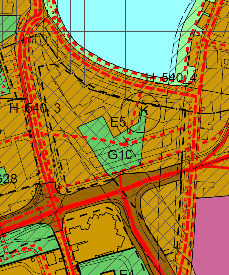 95 Figur 85: Utsnitt plankart Gjennom bestemmelsesområde (E5) med tilhørende bestemmelser gir planen føringer blant annet for organisering av bebyggelsen, krav til arbeidsplass- og besøksintensivt