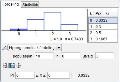 Oppgve 6.3 Vi velger hypergeometrisk fordeling i GeoGebr, legger inn en populsjon på 5, n 4 og et utvlg på 3, og regner ut P( X ) P( X ).