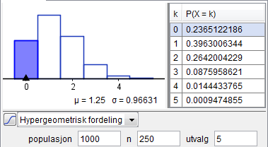 Oppgve 6.5 b c Hvis vi trekker med tilbkelegging, blir utfllene v trekningene uvhengig v hverndre. D hr vi en 0 binomisk fordeling, der n 5 og p 0,5.