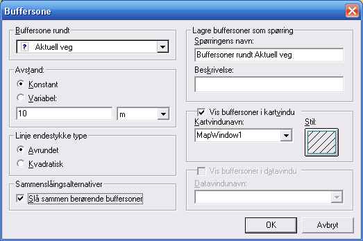 Buffersone ISY WinMap kan lage buffersoner rundt alle objekter som har en geografisk plassering. Det kan f. eks. være et punkt, en linje, en flate eller et sammensatt objekt.