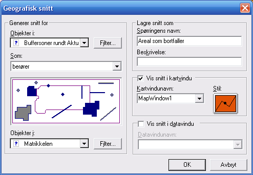 Geografisk snitt (Overlay) Geografisk snitt brukes for å finne geometriske forhold mellom objekttyper (alle typer geometriske objekter) som berører hverandre.