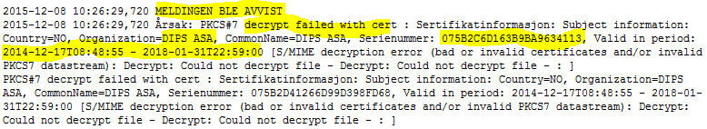 5.3.5 Utboks/Avvist: Decrypt failed with Årsak: Mottaker kan ikke dekryptere melding dere har sendt.