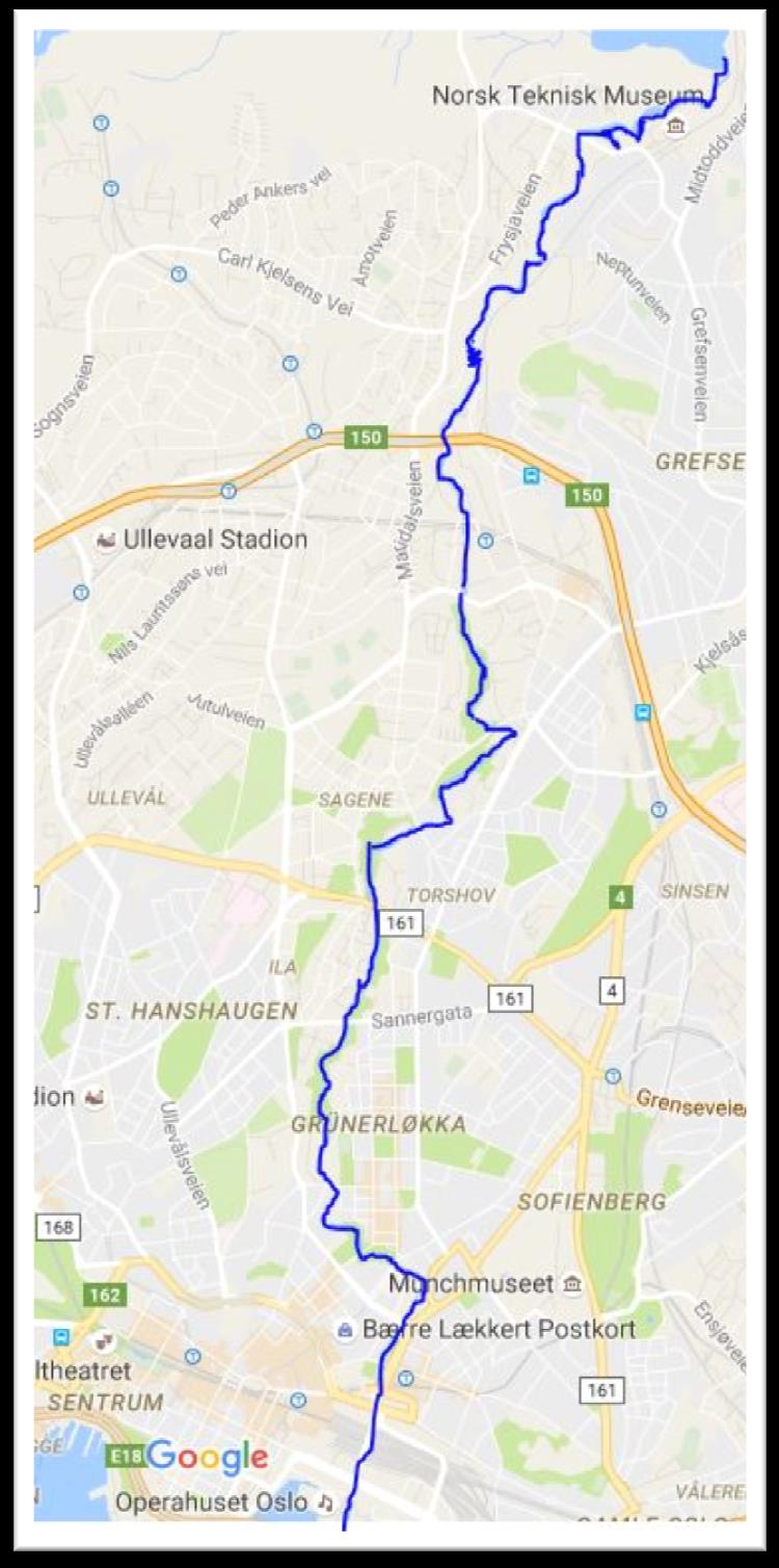 HELE AKERSELVA 8.2 km Akerselva renner ut fra Maridalsvannet og ned til sjøen, til Oslofjorden. Før het Akerselva «Frysja», det betyr den som skummer eller bruser.