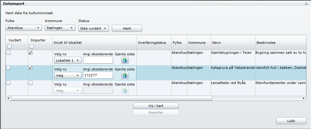 4. Hent fram data for én kommune: (Hvis man er kommunebruker kommer kommunen man er registrert i som eneste mulighet.