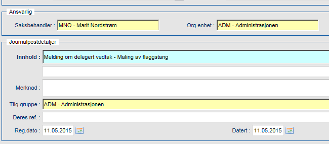 Saksbehandler er preutfylt med din ident Det du skriver i feltet Innhold blir overskrift på dokumentet Dersom du skal legge til vedlegg, se kap. 12.