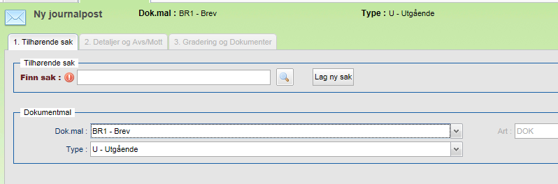 Skal saken graderes, klikk knappen For å lage ny journalpost i saken klikk Fane 2 Gradering vises Velg gradering og hake på felt som skal skjermes Saken opprettes og tildeles et unikt saksnummer Ref.