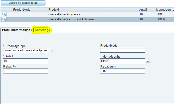 ii. Legg inn en Produktkode (leverandørens varenummer) hvis du vet dette (ikke obligatorisk) iii. Legg inn Produkt = Oversettelse til nynorsk iv. Legg inn Antall = 10 timer v.