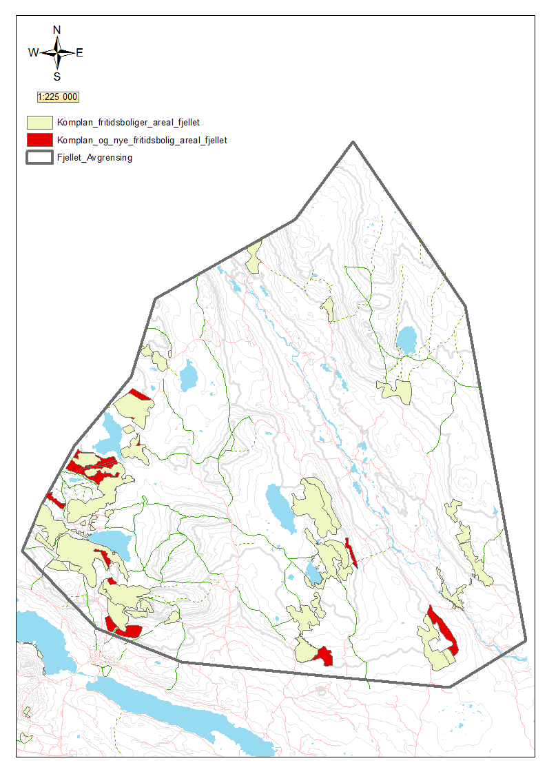 ØF s innspill til siste PBL-runde: CA 18% av arealet i fjellet er i dag inkludert i gjeldende kommuneplan for formålet fritidsboliger. De nye områdene som foreslås utredet her er markert med rødt.