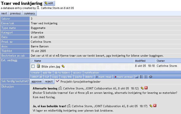 Ved å gå inn på en sak, vil man se diskusjonen og evt.
