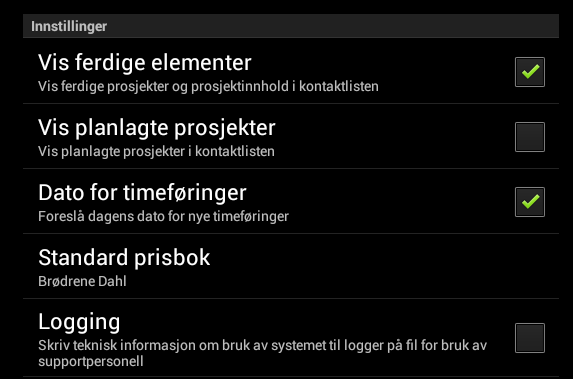 Hovedmeny Vis ferdige elementer Som standard er dette valget AV. Det har den effekten at straks et forbruk ferdigstilles så vil forbruket forsvinne fra listevisningen.