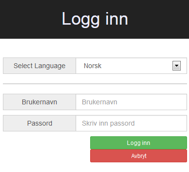 2.2 Innlogging Ved innlogging vil et panel vises, se figur 4-1, her kan du velge språket som skal brukes i grensesnittet. Støttede språk er Norsk og Engelsk.