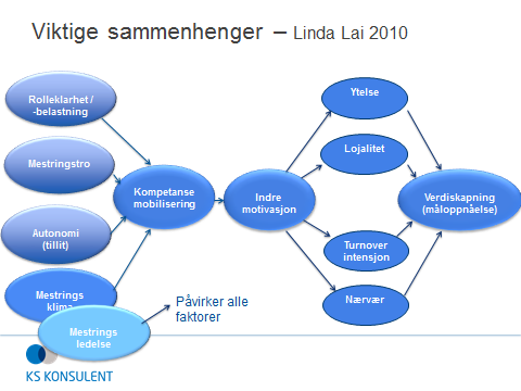 4. Sammenhenger mellom faktorene Når en ser på sammenhenger mellom faktorene står «Mestringsorientert ledelse» helt sentralt.