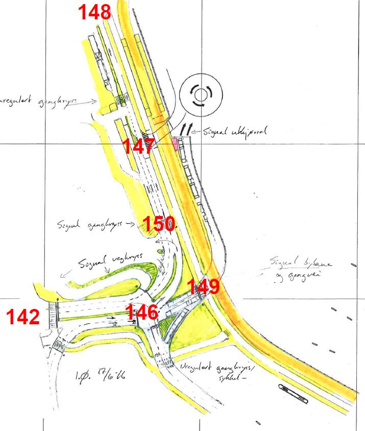 5.2. Alternativ B Alternativ B har følgende prinsipp: - Kryss 146 er trukket lenger ut i Agnes Mowinckels gate, slik at avstand mellom kryss 146 og 150 økes.