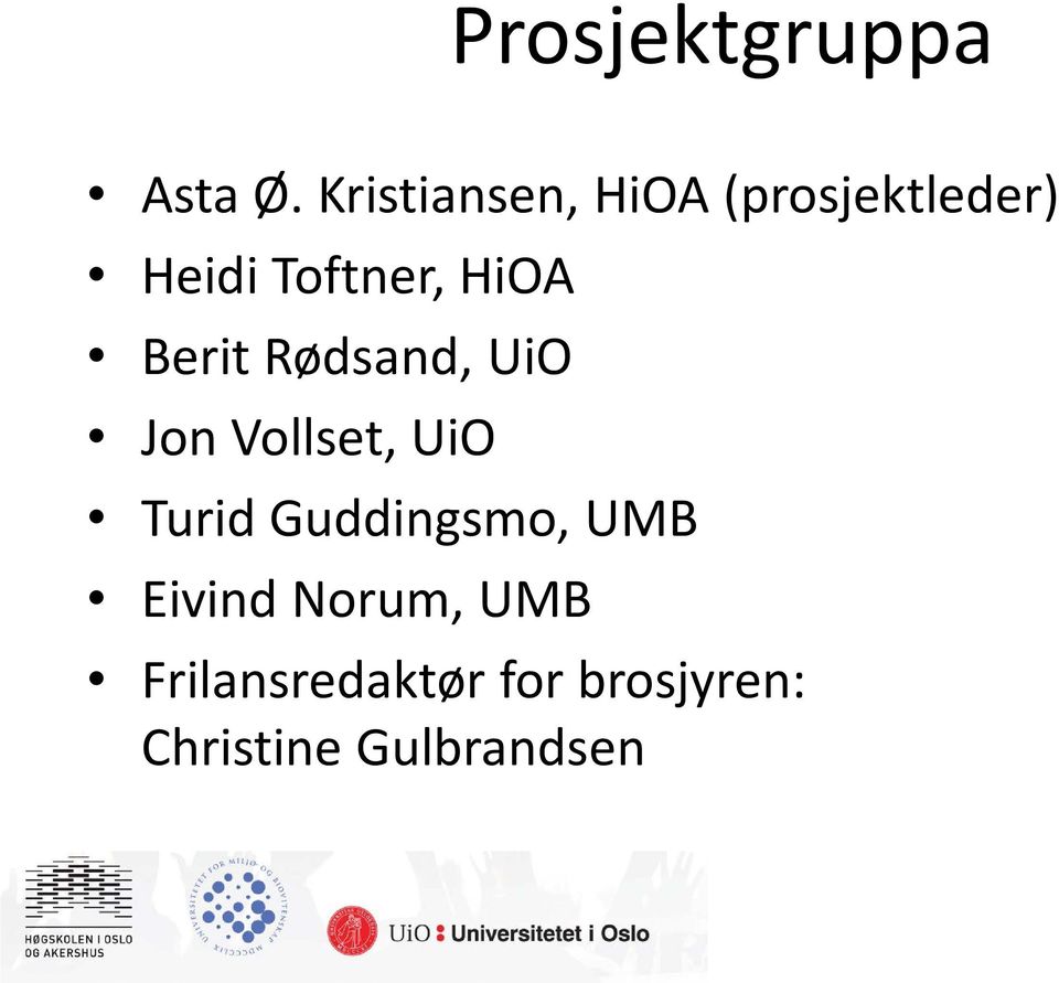 HiOA Berit Rødsand, UiO Jon Vollset, UiO Turid