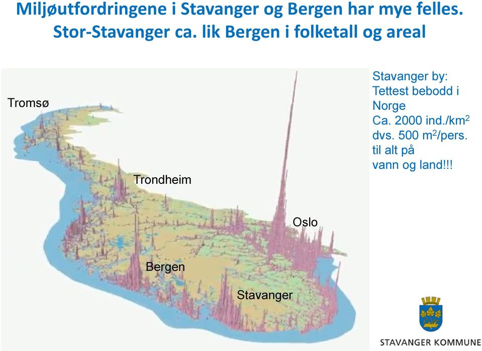 lik Bergen i folketall og areal Tromsø Trondheim Stavanger by: