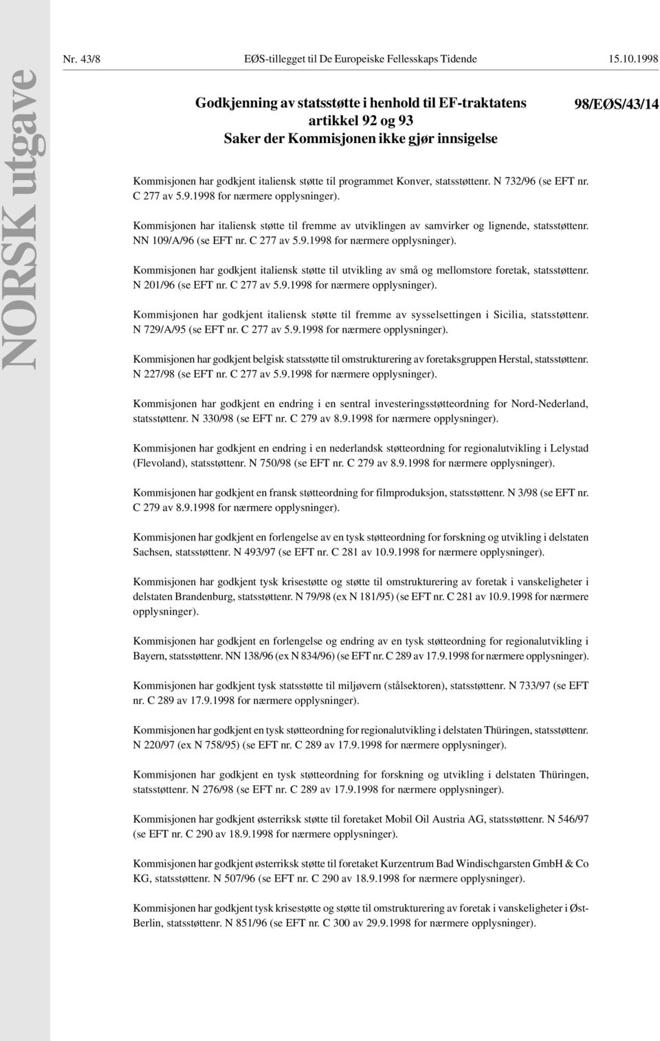 statsstøttenr. N 732/96 (se EFT nr. C 277 av 5.9.1998 for nærmere opplysninger). Kommisjonen har italiensk støtte til fremme av utviklingen av samvirker og lignende, statsstøttenr.