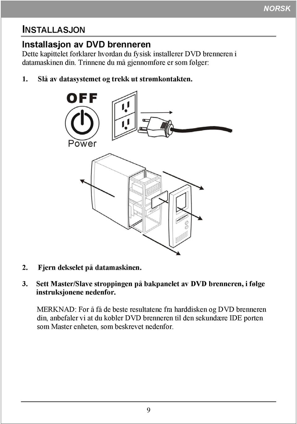 Sett Master/Slave stroppingen på bakpanelet av DVD brenneren, i følge instruksjonene nedenfor.