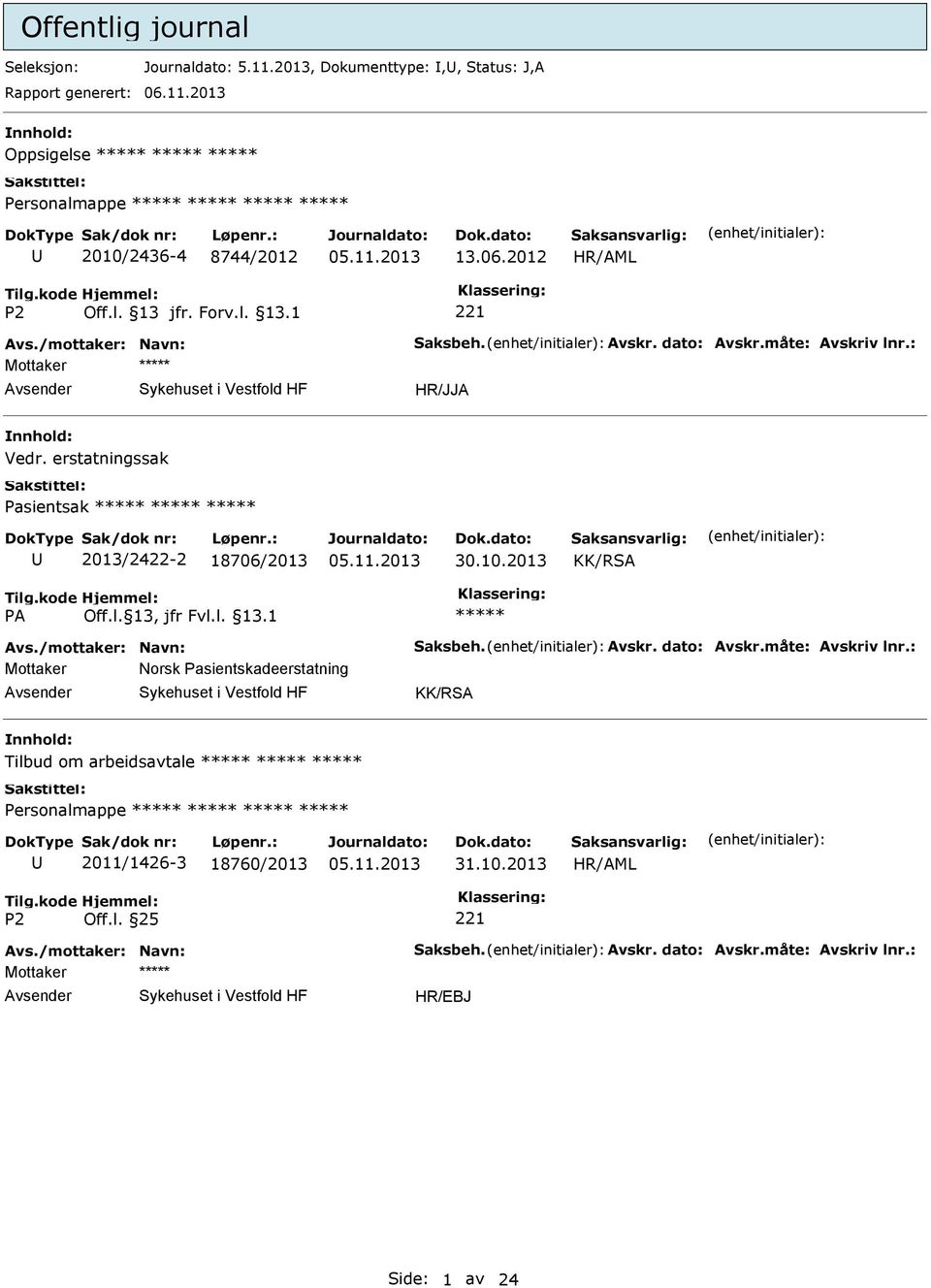 erstatningssak Pasientsak 2013/2422-2 18706/2013 30.10.2013 KK/RSA Avs./mottaker: Navn: Saksbeh. Avskr. dato: Avskr.måte: Avskriv lnr.