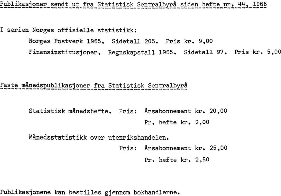 Regnskapstall 1965, Sidetall 97, Pris kr. 5,00 Faste månedsrublikasioner fra Statistisk Sentralbyrå... Statistisk månedshefte.