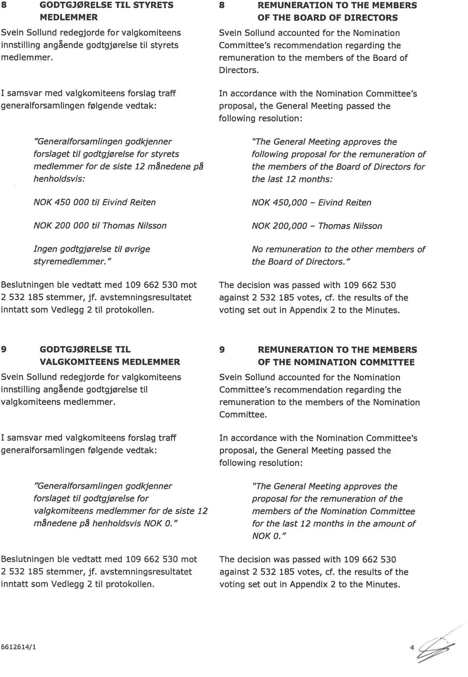 BOARD OF DIRECTORS Svein Sollund accounted for the Nomination Committee s recommendation regarding the remuneration to the members of the Board of Directors.