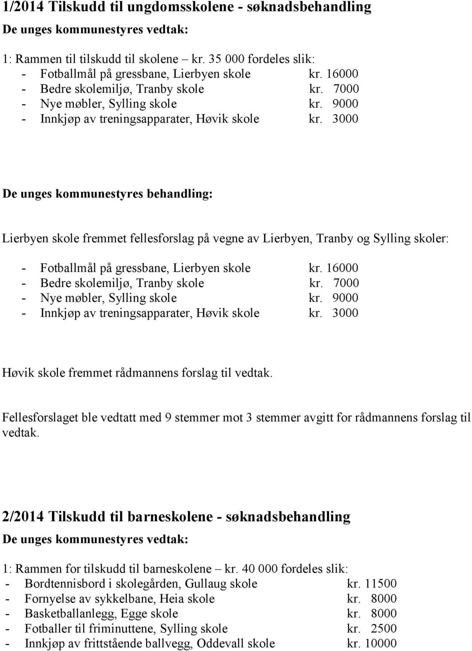 3000 Lierbyen skole fremmet fellesforslag på vegne av Lierbyen, Tranby og Sylling skoler: - Fotballmål på gressbane, Lierbyen skole kr.  3000 Høvik skole fremmet rådmannens forslag til vedtak.