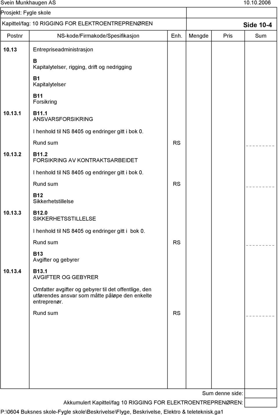 Rund sum RS B12 Sikkerhetstillelse 10.13.3 B12.0 SIKKERHETSSTILLELSE I henhold til NS 8405 og endringer gitt i bok 0. Rund sum RS B13 Avgifter og gebyrer 10.13.4 B13.