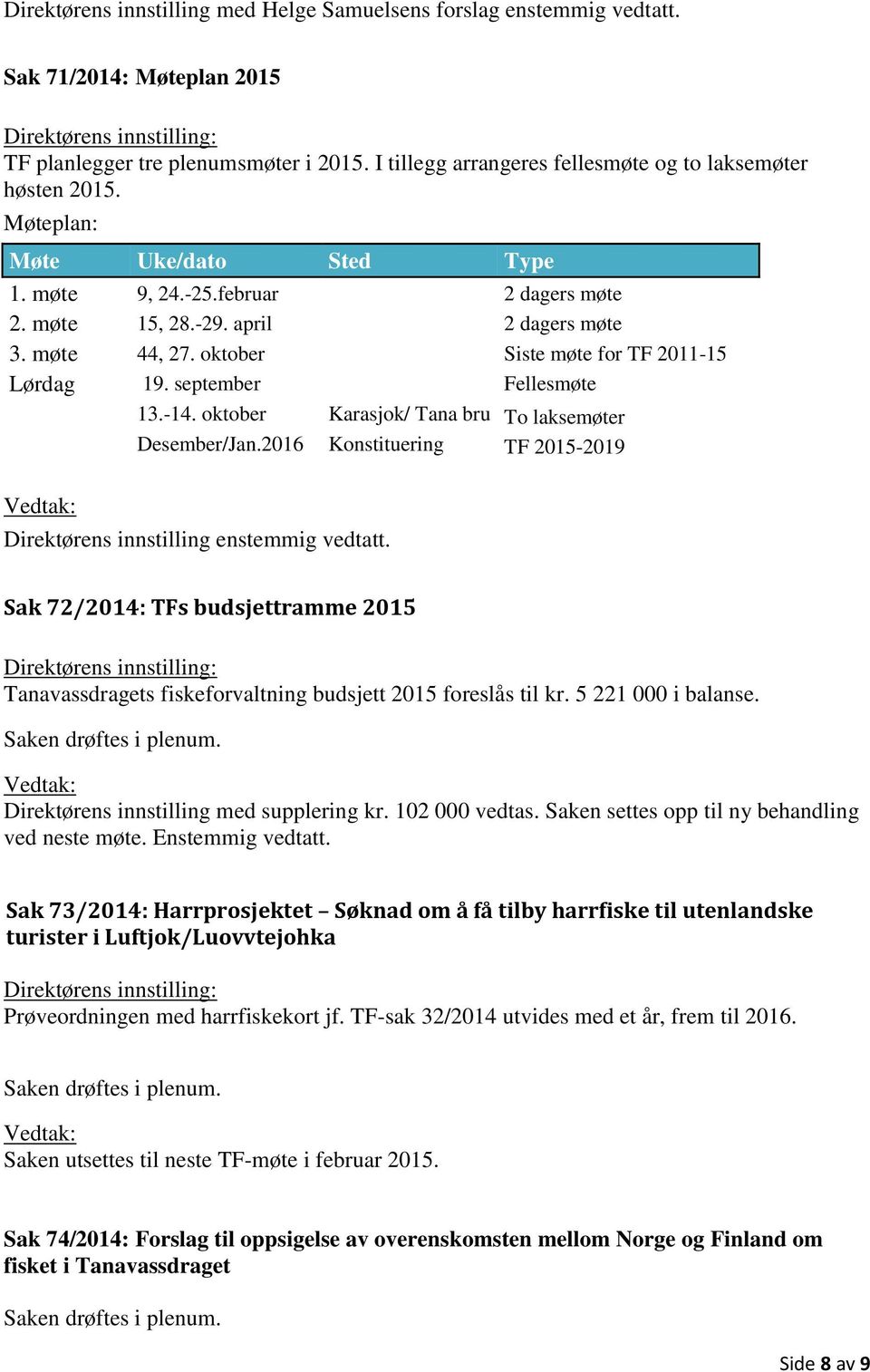 -14. oktober Karasjok/ Tana bru To laksemøter Desember/Jan.2016 Konstituering TF 2015-2019 Direktørens innstilling enstemmig vedtatt.