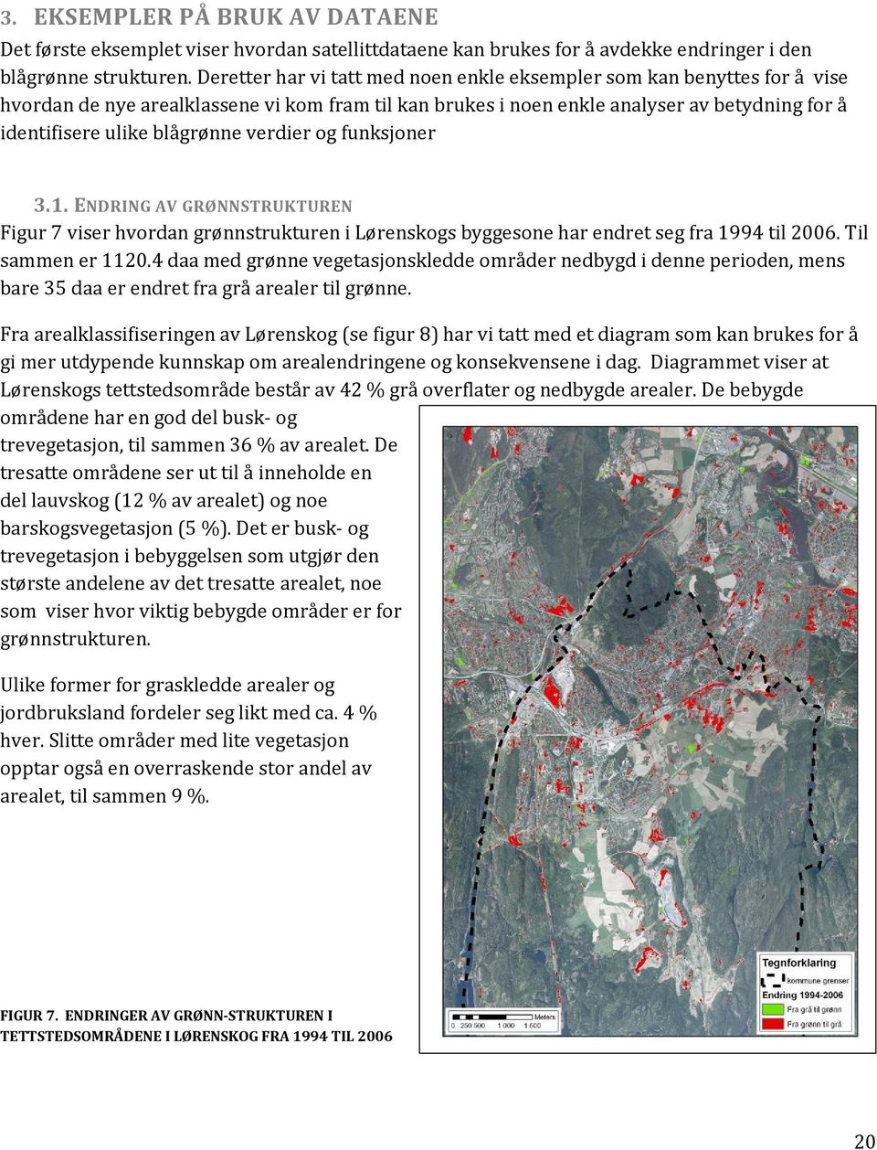 verdier og funksjoner 3.1. ENDRING AV GRØNNSTRUKTUREN Figur 7 viser hvordan grønnstrukturen i Lørenskogs byggesone har endret seg fra 1994 til 2006. Til sammen er 1120.