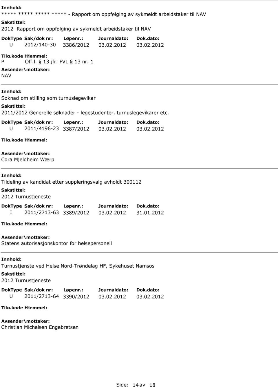 2011/4196-23 3387/2012 Cora Mjeldheim Wærp Tildeling av kandidat etter suppleringsvalg avholdt 300112 2012 Turnustjeneste 2011/2713-63 3389/2012 Statens