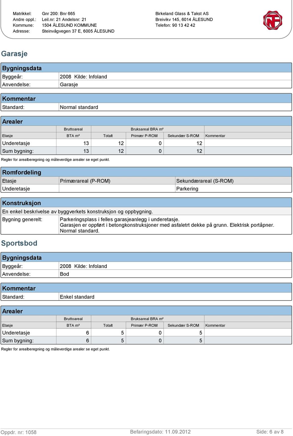 Standard: 2008 Kilde: Infoland Garasje Normal standard Arealer Bruttoareal Bruksareal BRA m² Etasje BTA m² Totalt Primær P-ROM Sekundær S-ROM Kommentar Underetasje 13 12 0 12 Sum bygning: 13 12 0 12