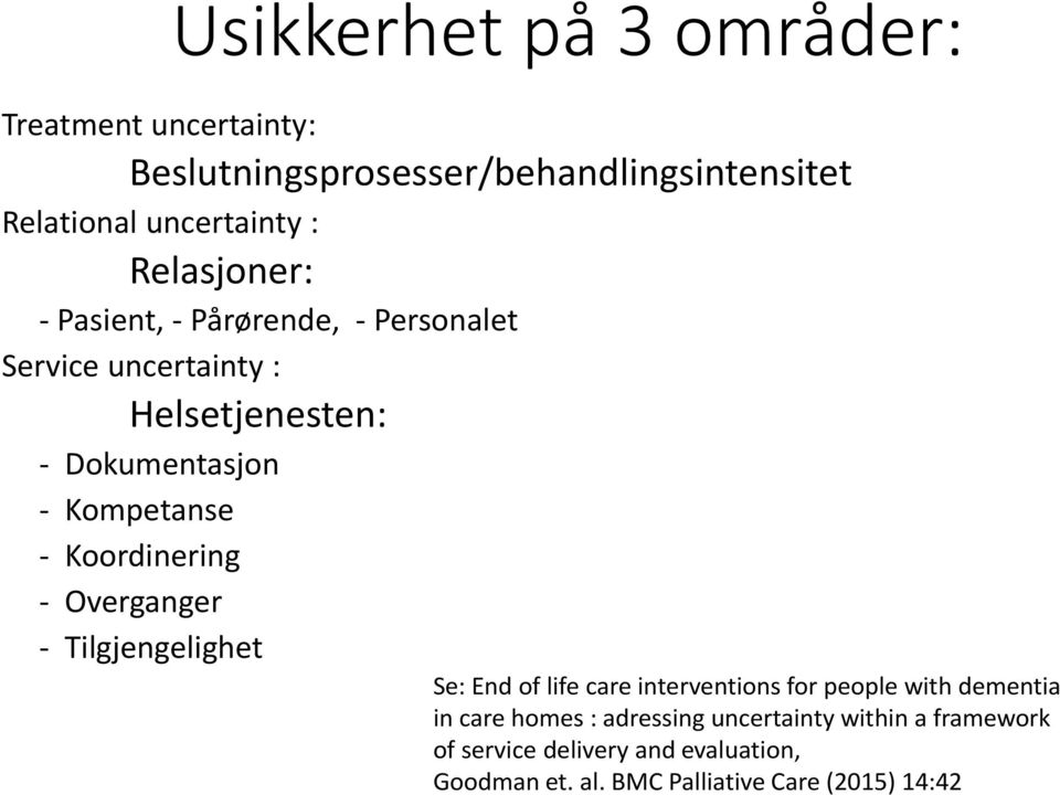 Koordinering - Overganger - Tilgjengelighet Se: End of life care interventions for people with dementia in care homes :