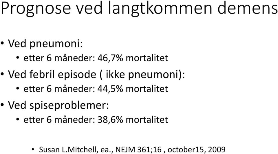 måneder: 44,5% mortalitet Ved spiseproblemer: etter 6 måneder: