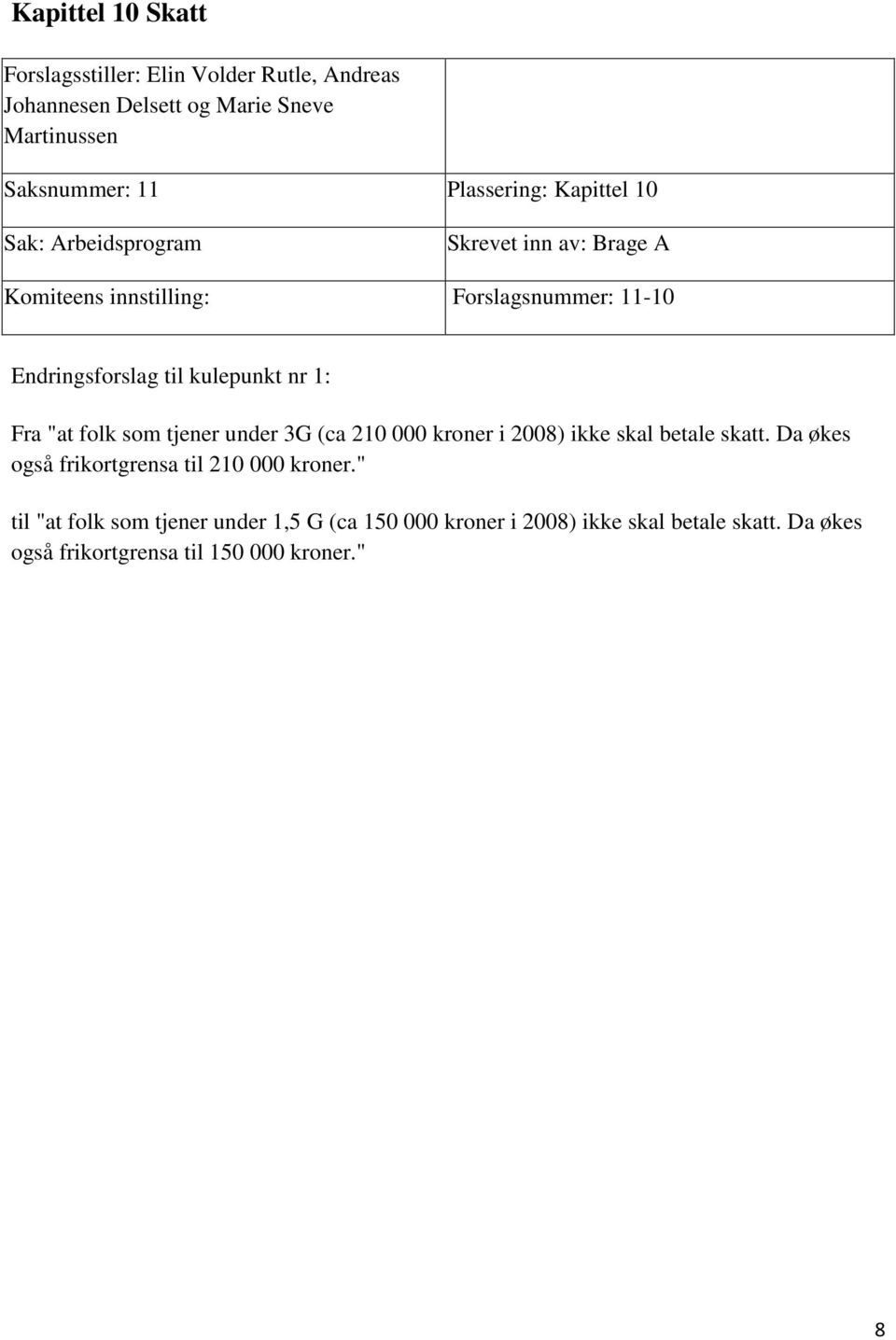 som tjener under 3G (ca 210 000 kroner i 2008) ikke skal betale skatt. Da økes også frikortgrensa til 210 000 kroner.