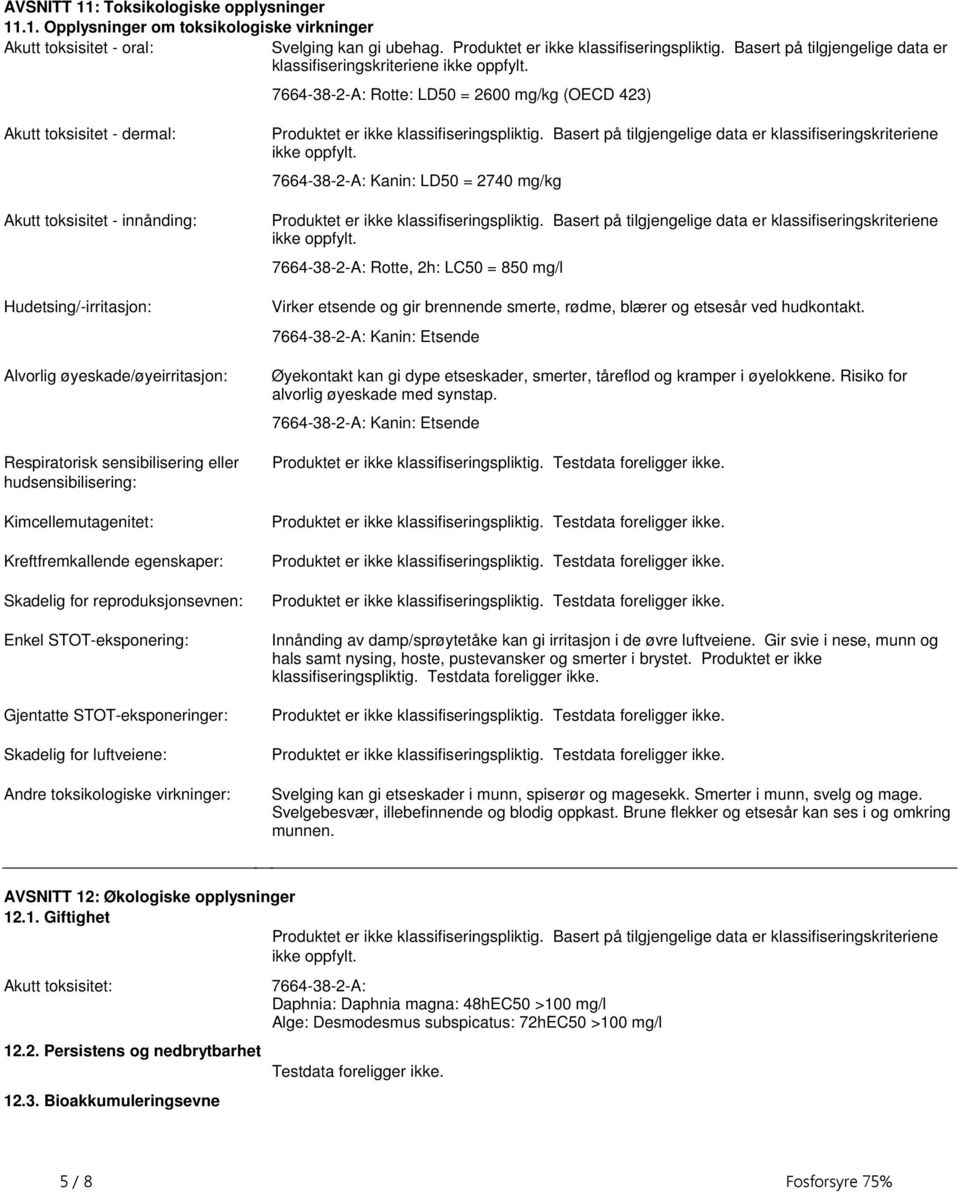 7664-38-2-A: Rotte: LD50 = 2600 mg/kg (OECD 423) Akutt toksisitet - dermal: Akutt toksisitet - innånding: Hudetsing/-irritasjon: Alvorlig øyeskade/øyeirritasjon: Respiratorisk sensibilisering eller