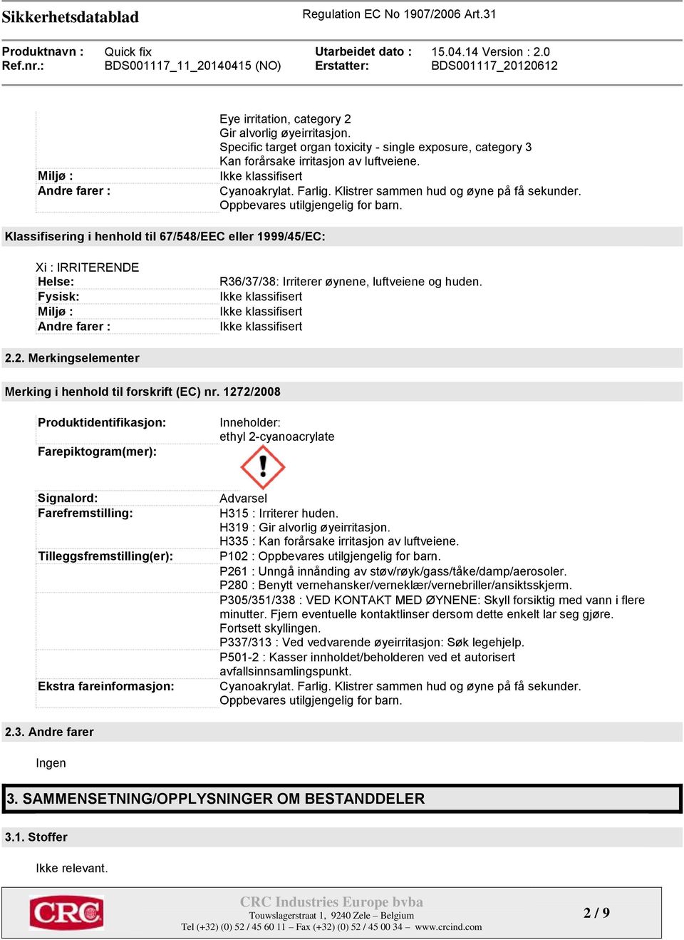 Klassifisering i henhold til 67/548/EEC eller 1999/45/EC: Xi : IRRITERENDE Helse: Fysisk: Miljø : Andre farer : R36/37/38: Irriterer øynene, luftveiene og huden. 2.