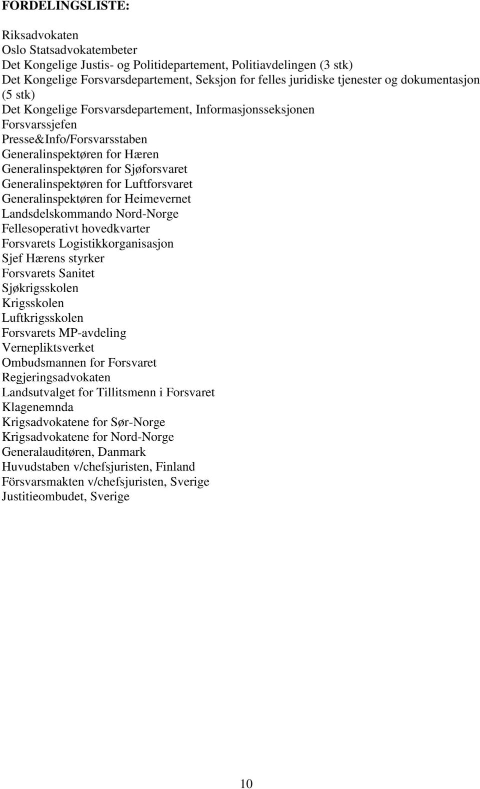 Generalinspektøren for Luftforsvaret Generalinspektøren for Heimevernet Landsdelskommando Nord-Norge Fellesoperativt hovedkvarter Forsvarets Logistikkorganisasjon Sjef Hærens styrker Forsvarets