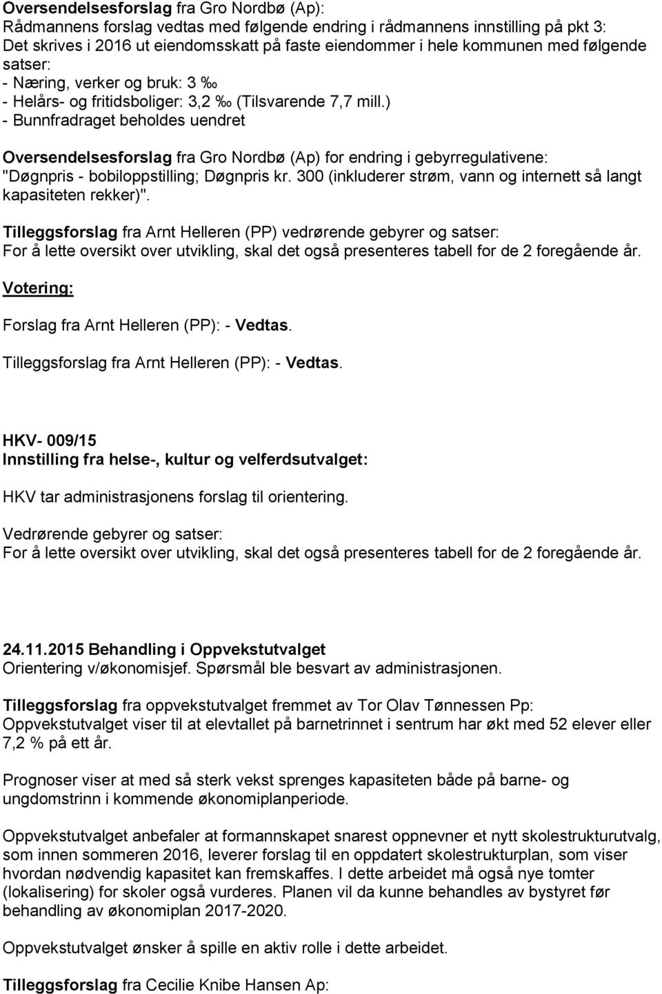 ) - Bunnfradraget beholdes uendret Oversendelsesforslag fra Gro Nordbø (Ap) for endring i gebyrregulativene: "Døgnpris - bobiloppstilling; Døgnpris kr.