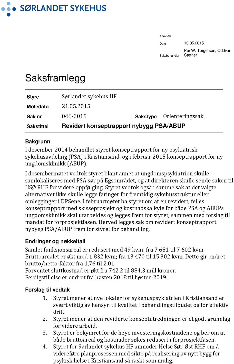 2015 Sak nr 046-2015 Sakstype Orienteringssak Sakstittel Revidert konseptrapport nybygg PSA/ABUP Bakgrunn I desember 2014 behandlet styret konseptrapport for ny psykiatrisk sykehusavdeling (PSA) i