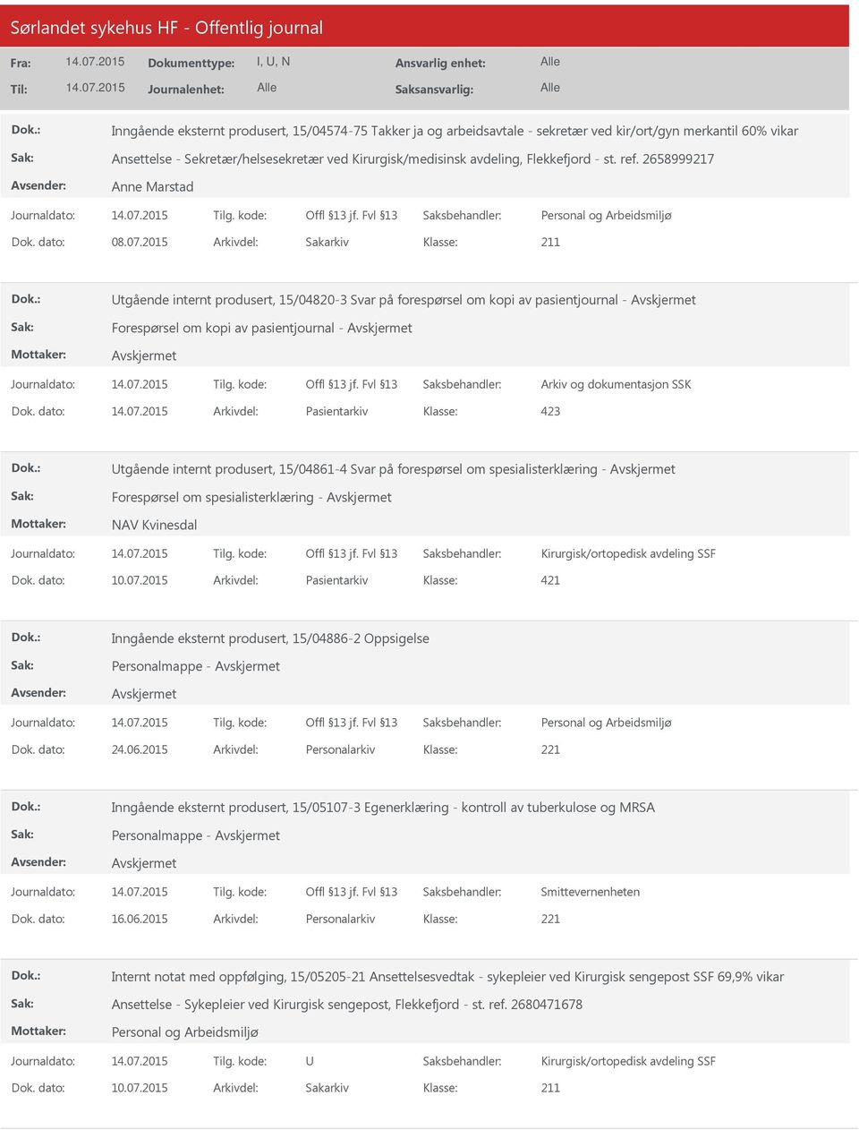 2015 Arkivdel: Sakarkiv Utgående internt produsert, 15/04820-3 Svar på forespørsel om kopi av pasientjournal - Forespørsel om kopi av pasientjournal - Dok.