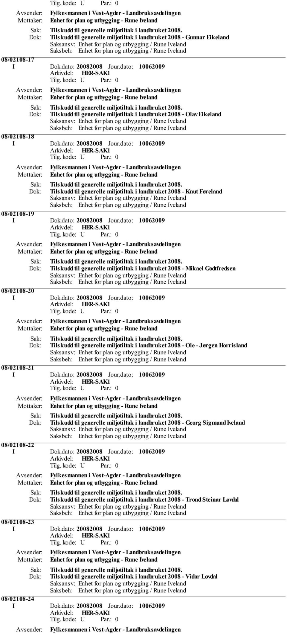 miljøtiltak i landbruket 2008 - Ole - Jørgen Horrisland 08/02108-21 Tilskudd til generelle miljøtiltak i landbruket 2008 - Georg Sigmund Iveland 08/02108-22 Tilskudd til generelle