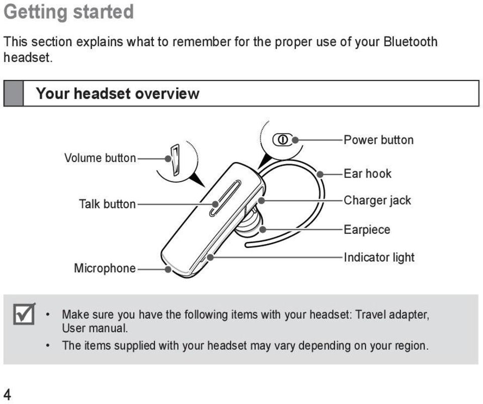 Your headset overview Volume button Talk button Power button Ear hook Charger jack Earpiece