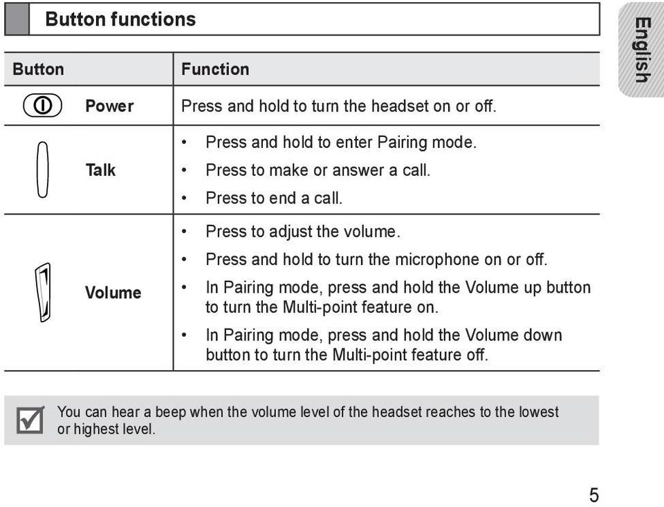 Press and hold to turn the microphone on or off. In Pairing mode, press and hold the Volume up button to turn the Multi-point feature on.