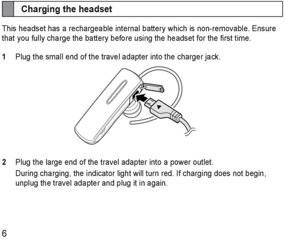 1 Plug the small end of the travel adapter into the charger jack.