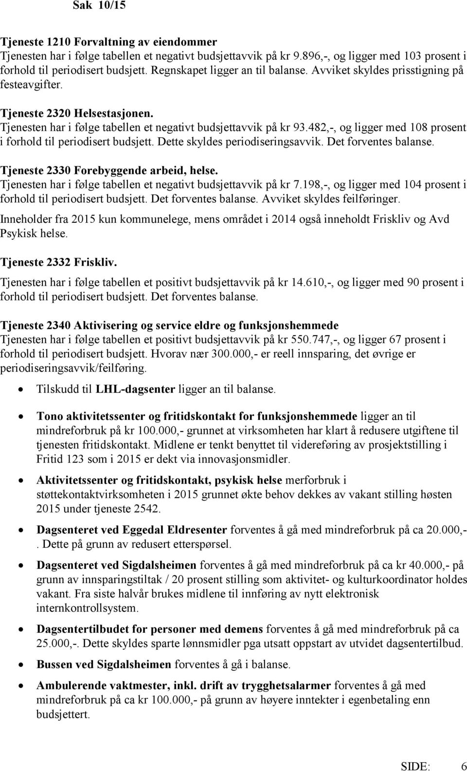 482,-, og ligger med 108 prosent i forhold til periodisert budsjett. Dette skyldes periodiseringsavvik. Det forventes balanse. Tjeneste 2330 Forebyggende arbeid, helse.