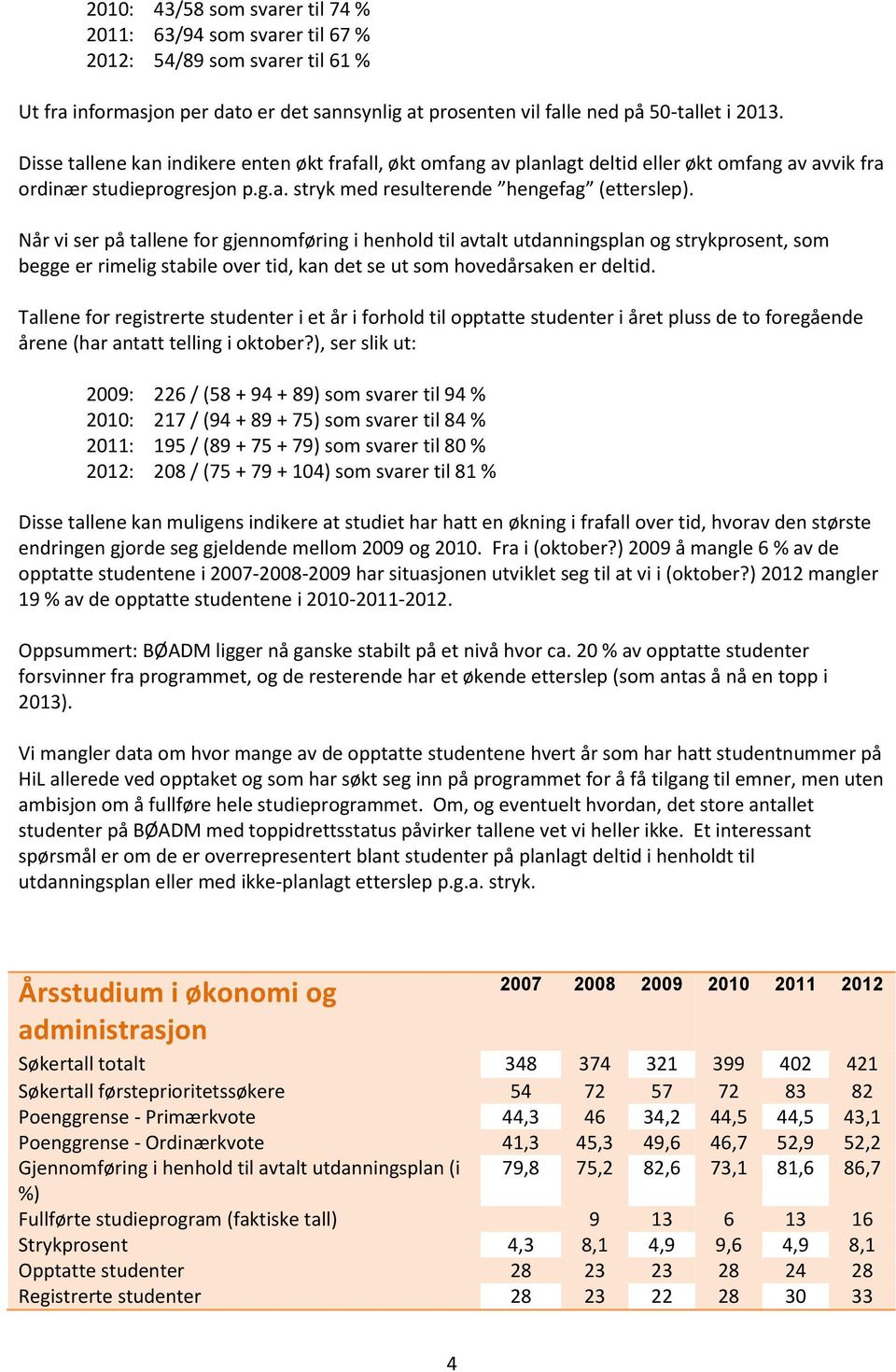 Når vi ser på tallene for gjennomføring i henhold til avtalt utdanningsplan og strykprosent, som begge er rimelig stabile over tid, kan det se ut som hovedårsaken er deltid.