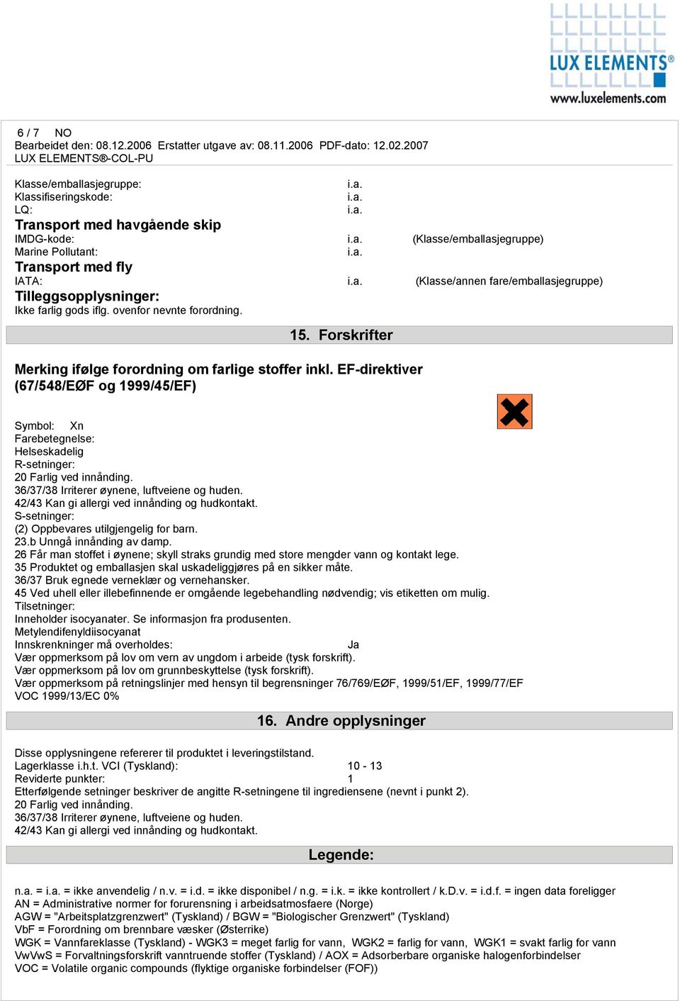 EF-direktiver (67/548/EØF og 1999/45/EF) Symbol: Xn Farebetegnelse: Helseskadelig R-setninger: 20 Farlig ved innånding. 36/37/38 Irriterer øynene, luftveiene og huden.